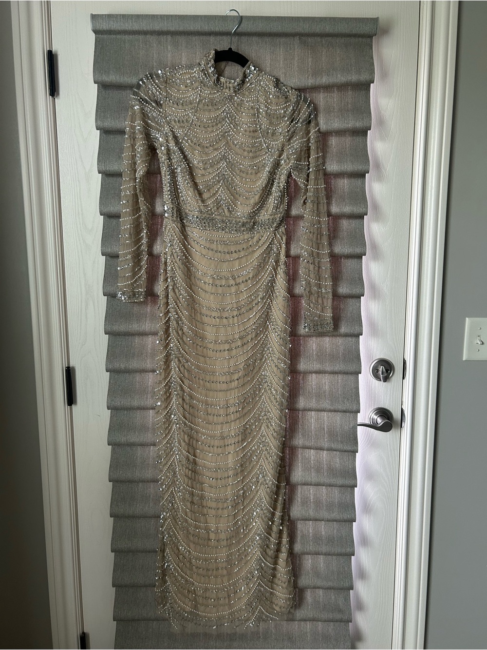 Karen Millen Beaded Champagne Long Sleeve Gown